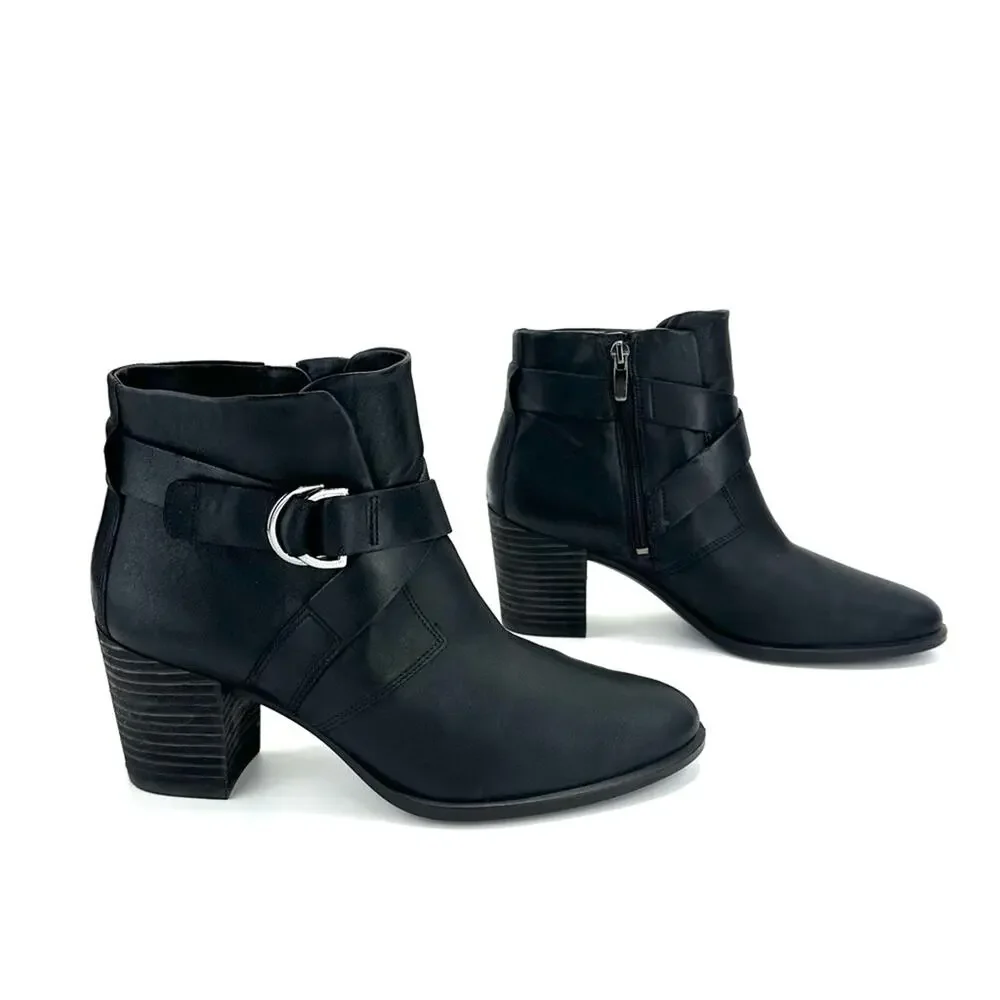 Ecco Black Ankle Boots Sz 10 Leather Padded Footbed Cuban Heel Almond Toe Bootie